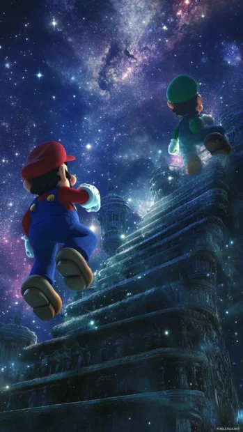 A starry background frames Mario and Luigi as they ascend through floating stairs.