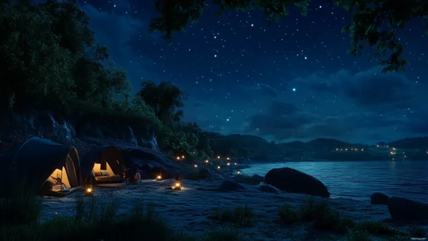 A starry night blankets a campsite with glowing lanterns and the faint sound of waves.