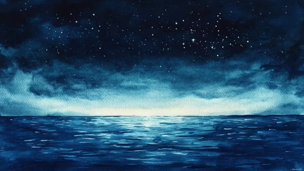 A starry night sky reflected in the calm watercolor ocean.