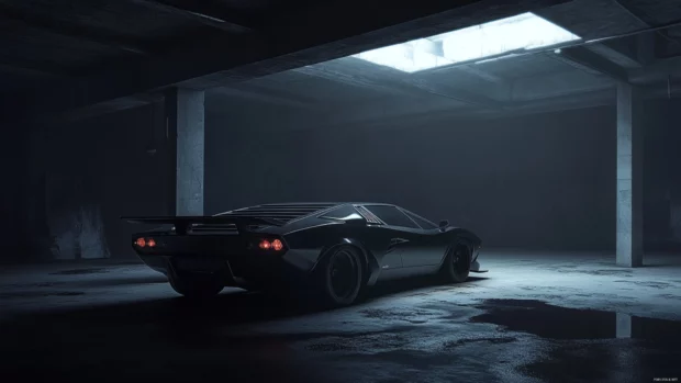 A stealth themed black Lamborghini parked under harsh spotlight in an empty garage.