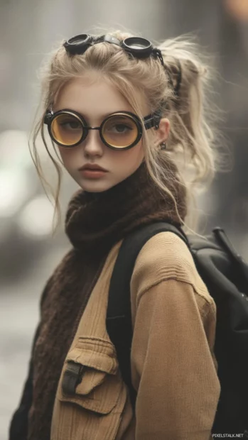 A steampunk inspired girl with goggles and mechanical accessories, standing in a foggy city.