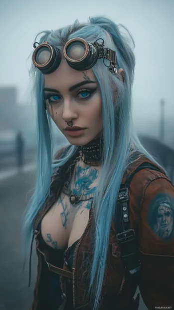 A steampunk inspired girl with goggles and mechanical accessories, standing in a foggy city.