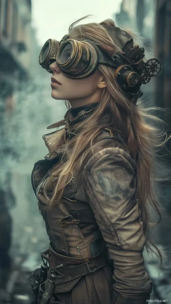 A steampunk inspired girl with goggles and mechanical accessories, standing in a foggy city.