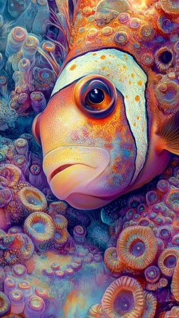 A striking close up of a clownfish nestled within vibrant sea anemones, showcasing the intricate textures and colors of a coral reef habitat.