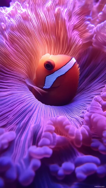 A striking close up of a clownfish nestled within vibrant sea anemones, showcasing the intricate textures and colors of a coral reef habitat.