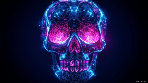 A striking neon skull design in vibrant shades of blue, pink, and purple, with glowing outlines and intricate patterns.