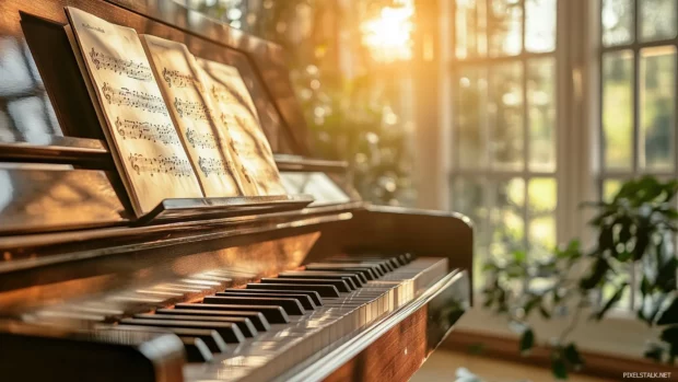A studio grand piano with worn keys, sheet music, and sunlight filtering through windows.