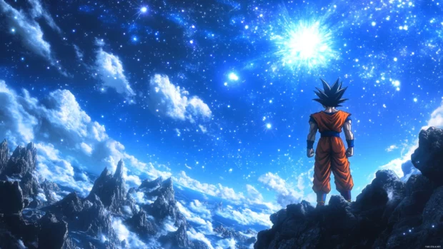 A stunning Goku Wallpapers scene where Goku prepares to unleash a Spirit Bomb under a starry sky.