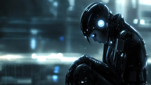 A stunning female android under holographic lights, featured in many cyberpunk desktop wallpapers collections.