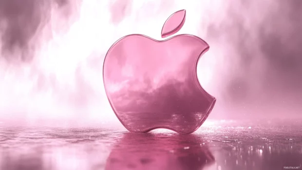 A stunning pink Apple logo surrounded by delicate light effects and misty textures.