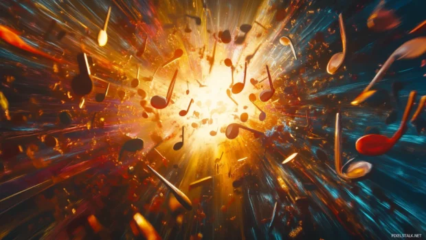 A stunning shot of colorful musical notes splashing across a canvas, blending vibrant hues with dynamic brush strokes, creating a lively and artistic representation of music.