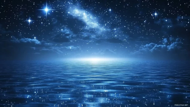 A stunning starry night above a calm ocean, with stars reflecting on the water, creating a perfect mirror effect, giving a serene and ethereal feel.