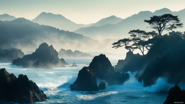 A stunning view of the Japanese coastline, with waves crashing against rocky shores and a soft mist hanging over the water.