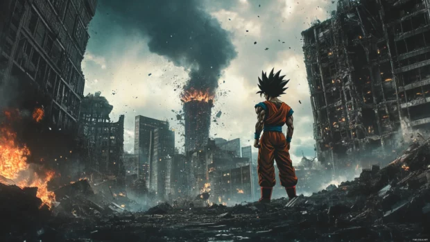 A stylish Cool Goku wallpaper showing Goku standing tall in a destroyed city with wind sweeping his hair.