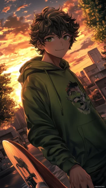 A stylish anime boy in a green hoodie, holding a skateboard, with a sunset casting warm tones on his face.