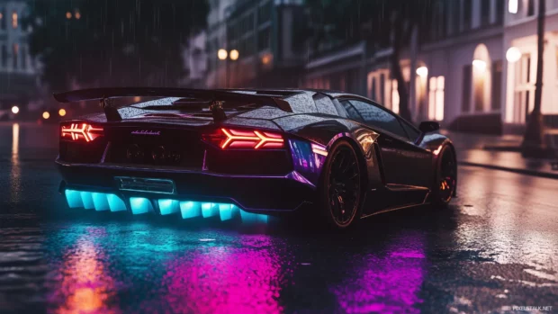 A stylish sports car with glowing neon underlights, its body covered in shimmering reflections of neon colors, racing through a city at dusk with streets glowing in purple and teal.
