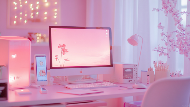 A stylish workspace setup in soft blush tones, a great fit for pink aesthetic desktop lovers.