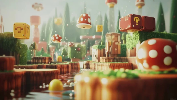 A stylized 4K Super Mario background with floating platforms and animated power ups.