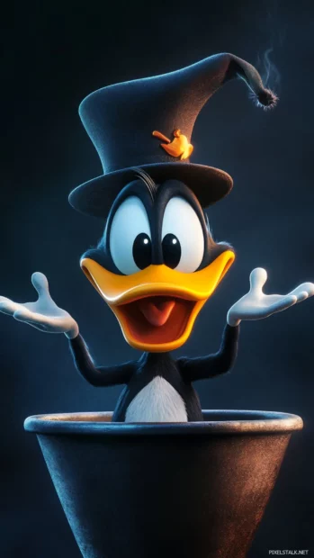 A stylized Daffy Duck wallpaper where he peeks out of a magician's hat with surprise.