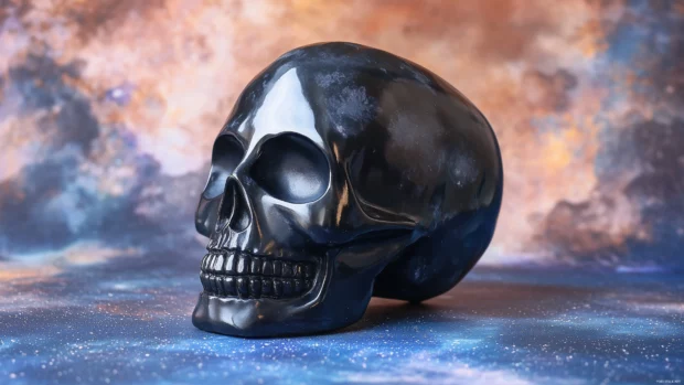 A stylized black skull with smooth, matte textures, set against a background of stars and cosmic elements for a surreal look.