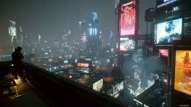 A stylized cyberpunk skyline viewed from a high balcony, the horizon lined with neon advertisements.