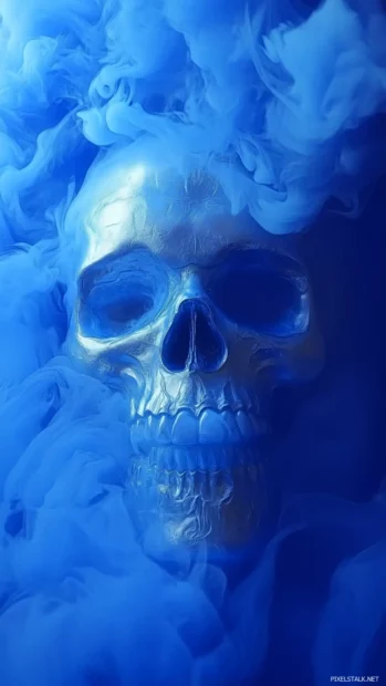 A stylized, highly detailed blue skull with sharp lines and metallic reflections, surrounded by abstract blue smoke and fog.