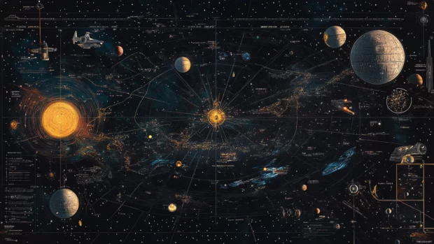 A stylized map of the Star Wars galaxy featuring key planets and routes, for enthusiasts looking for lore based Star Wars PC backgrounds.