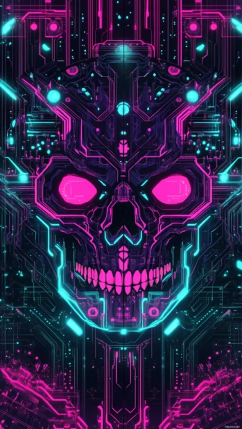 A stylized neon skull with intricate circuit like patterns, glowing in deep purple and teal with a futuristic vibe.