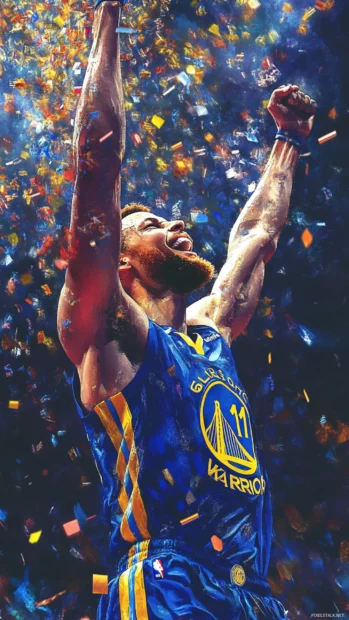 A stylized portrait of Stephen Curry celebrating after a buzzer beater, confetti raining down.