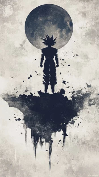 A stylized silhouette of ultra instinct Goku floats over a shattered planet.