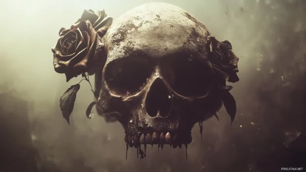 A stylized skull with roses growing out of the eye sockets and mouth, surrounded by faded, sepia tones for a vintage aesthetic.