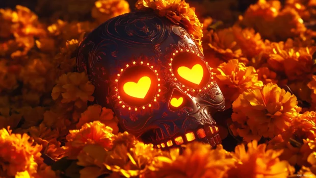 A stylized sugar skull with glowing eyes, decorated with heart and star motifs, surrounded by vibrant marigold petals.