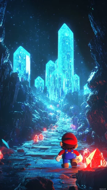 A stylized underground level with Mario and glowing crystals designed for Super Mario iPhone Wallpapers.