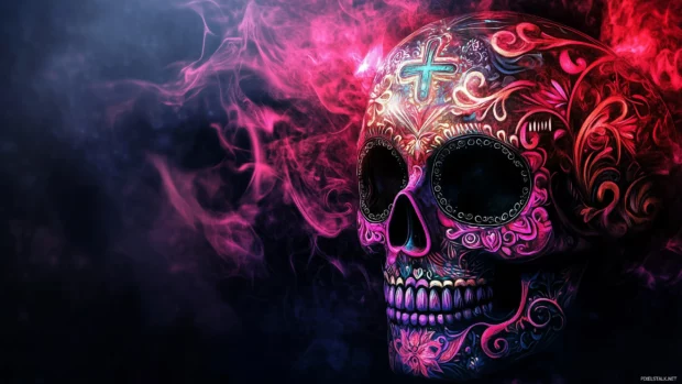 A sugar skull with exaggerated colorful patterns and symbols, including sacred hearts and cross designs, on a dark, mystical background.