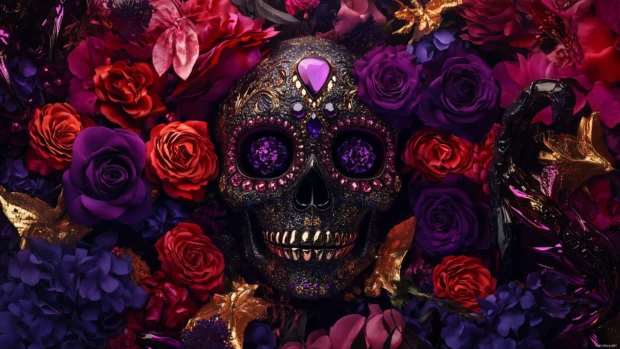 A sugar skull with vibrant roses and glittering jewels, set against an otherworldly purple background  The design incorporates deep purples, bright pinks, and golds for a lively and festive look.