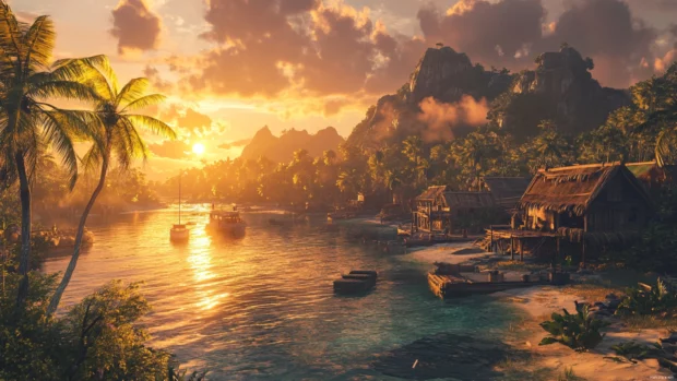 A sunset glow enhances the Summer Vibes in a tropical island scene.