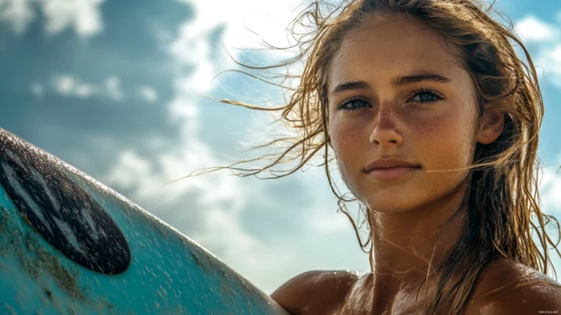 A surfer girl with wet, windswept hair, standing on the beach with her surfboard.