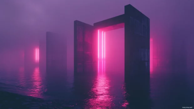 A surreal blend of glowing architecture and neon fog, making the ultimate futuristic cyberpunk desktop wallpaper.