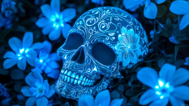 A surreal blue skull with intricate patterns etched across the bone, framed by neon blue flowers and electric light effects.