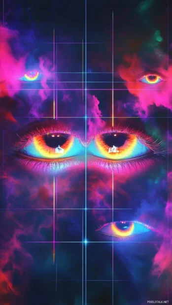 A surreal grid of glowing eyes and fluid rainbow smoke, popular among cool trippy wallpaper fans.