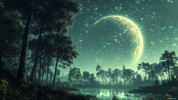 A surreal illustration of Alien Forest in a cosmic setting.
