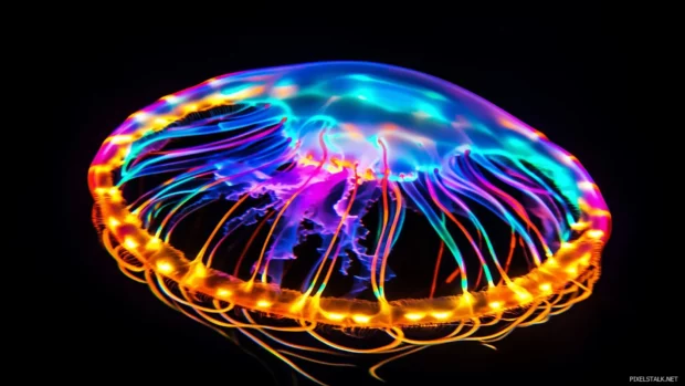 A surreal image of a jellyfish illuminated by neon like glowing colors, floating in the deep ocean with a gentle light halo around it.