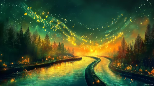 A surreal image of glowing music notes flowing like a river through a dreamlike landscape, with vibrant colors and soft light reflections.