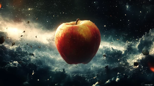 A surreal scene of a rotten apple floating in space.