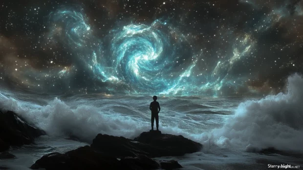 A surreal version of Van Gogh Starry Night with exaggerated swirling skies and glowing stars, blending modern photographic elements with the signature impressionist style.