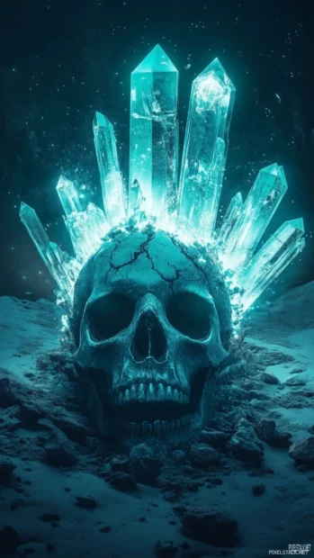 A surrealist skull with a cracked surface, showing luminous, glowing crystals emerging from within, combining darkness with ethereal beauty.