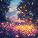 A swarm of glowing fireflies dancing above a twilight meadow.