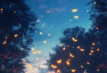 A swarm of glowing fireflies dancing above a twilight meadow.