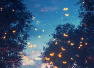 A swarm of glowing fireflies dancing above a twilight meadow.