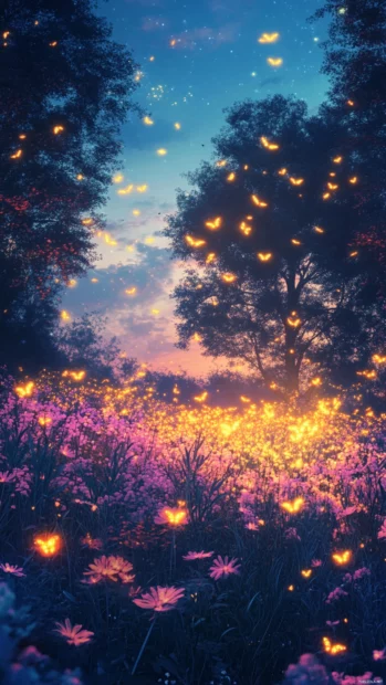 A swarm of glowing fireflies dancing above a twilight meadow.